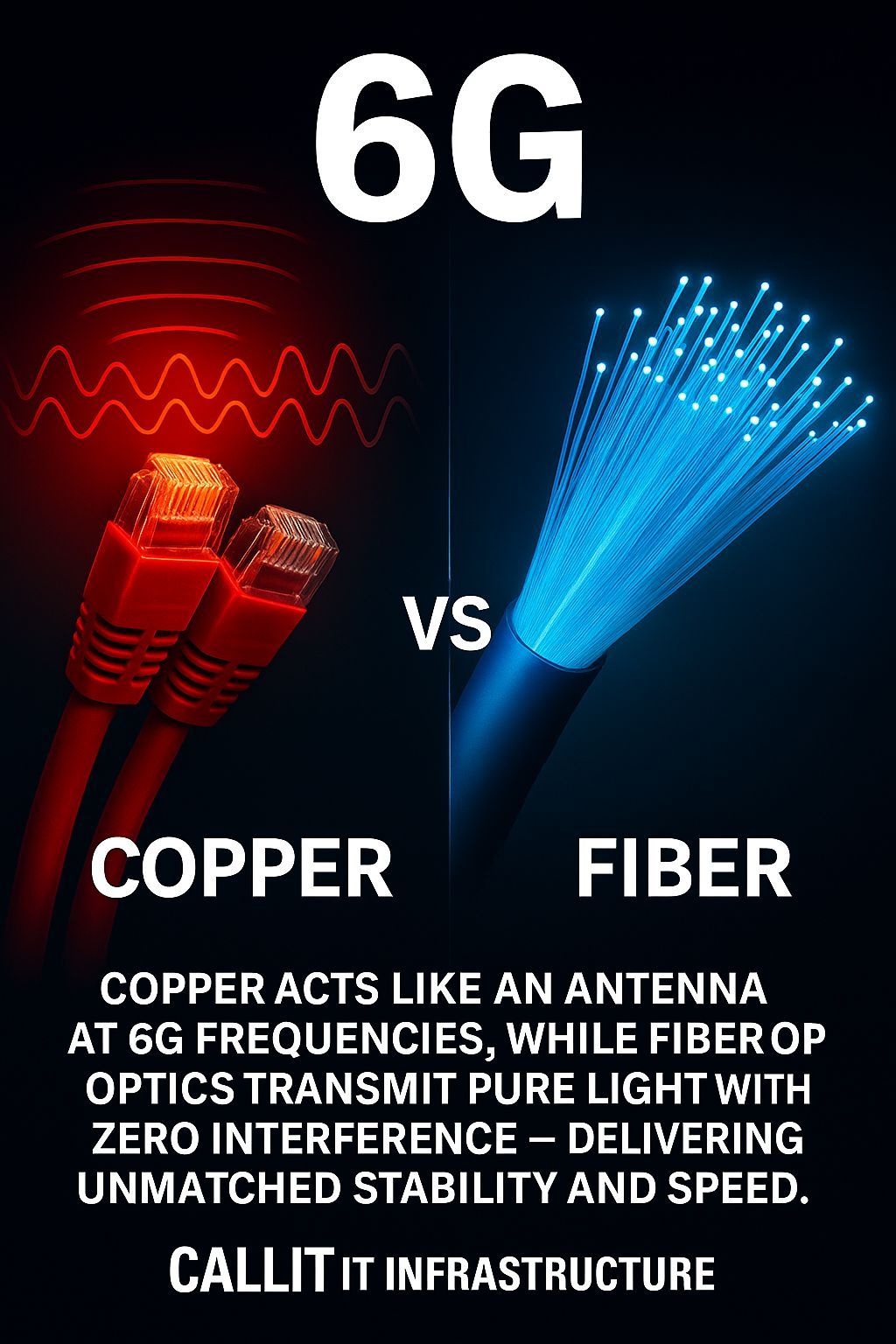 Comparison of Cat 8 copper cables emitting EMI interference versus glowing blue fiber optic cables delivering clean light signals — representing 6G speed, fiber reliability, and CALLIT IT INFRASTRUCTURE network upgrades in Dubai.