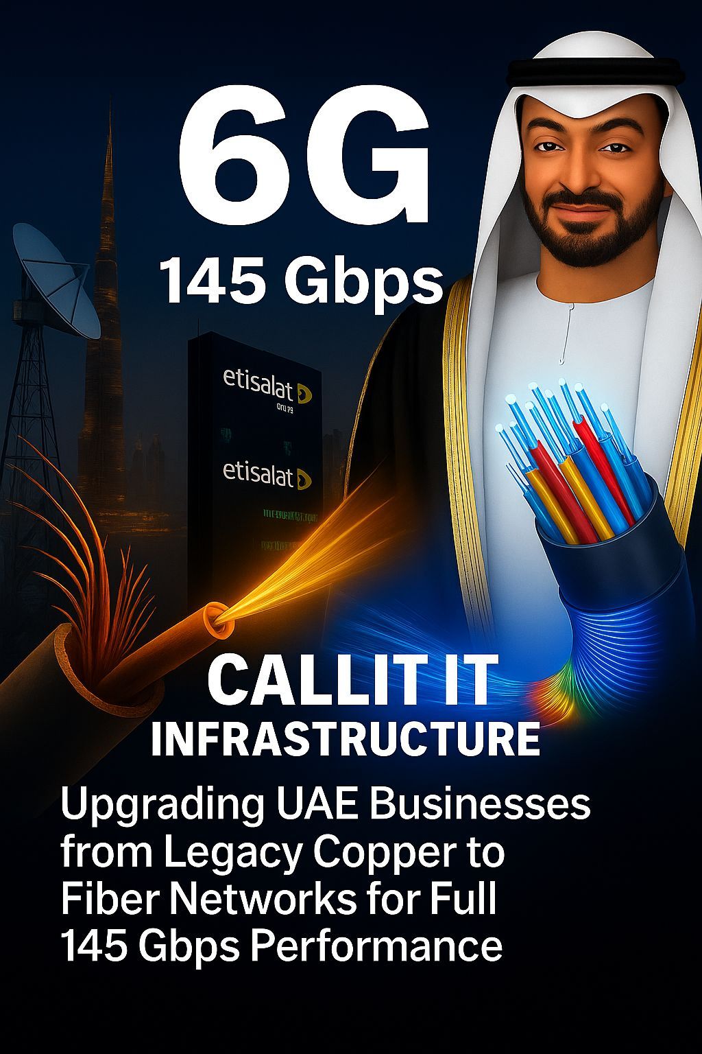 UAE 6G 145 Gbps network upgrade hero image featuring Sheikh Mohamed bin Zayed, Etisalat by e&, Burj Khalifa, and fiber optic cables replacing copper Cat6 lines — representing UAE’s leap toward next-gen connectivity.