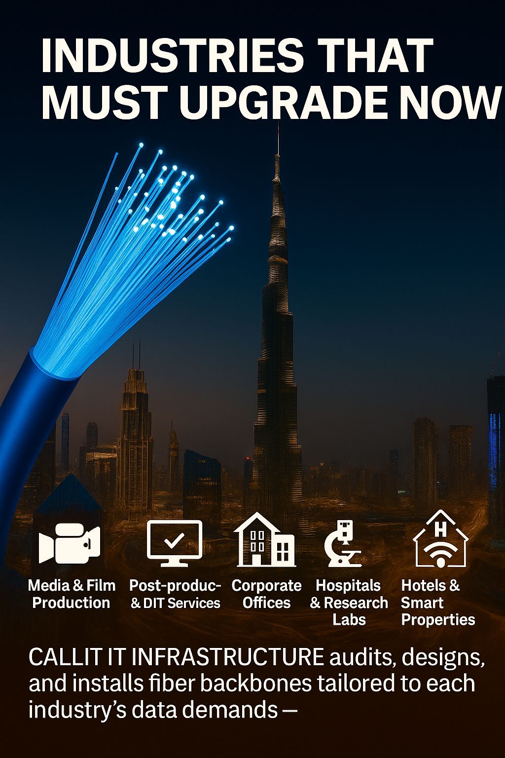 Digital illustration showing Dubai’s film studios, hospitals, offices, and smart hotels interconnected by glowing blue fiber optic lines symbolizing 6G 145 Gbps speed — CALLIT IT INFRASTRUCTURE enabling nationwide fiber upgrades for media, healthcare, and enterprise networks.