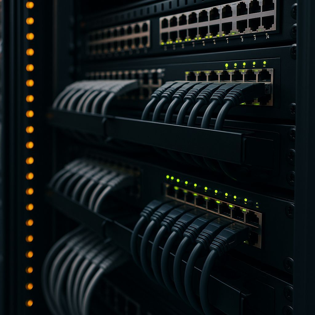 Professional network rack installation with servers, managed switches, and labeled CAT6A cables in a modern Dubai office — CALLIT IT INFRASTRUCTURE.