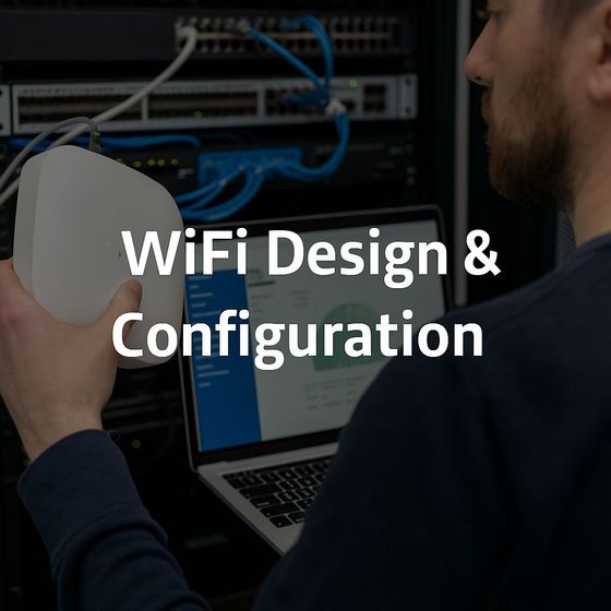 IT technician configuring a Wi-Fi access point using a laptop in a modern Dubai office — CALLIT IT INFRASTRUCTURE Wi-Fi design and installation services.