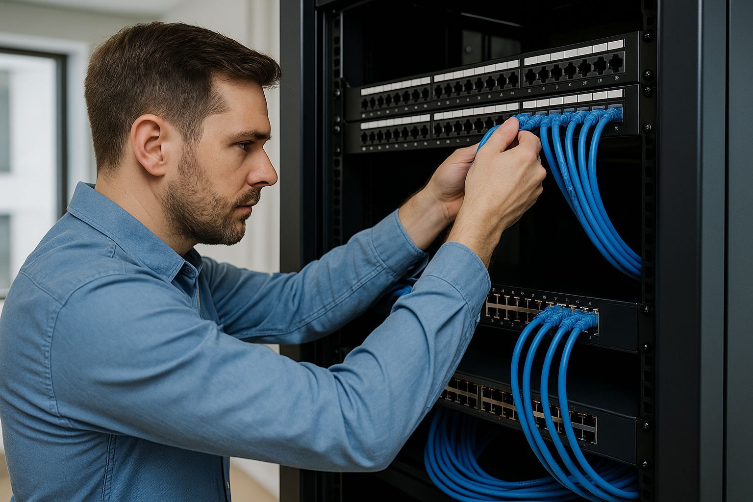 Network technician installing CAT6 cabling inside a Dubai office server room.