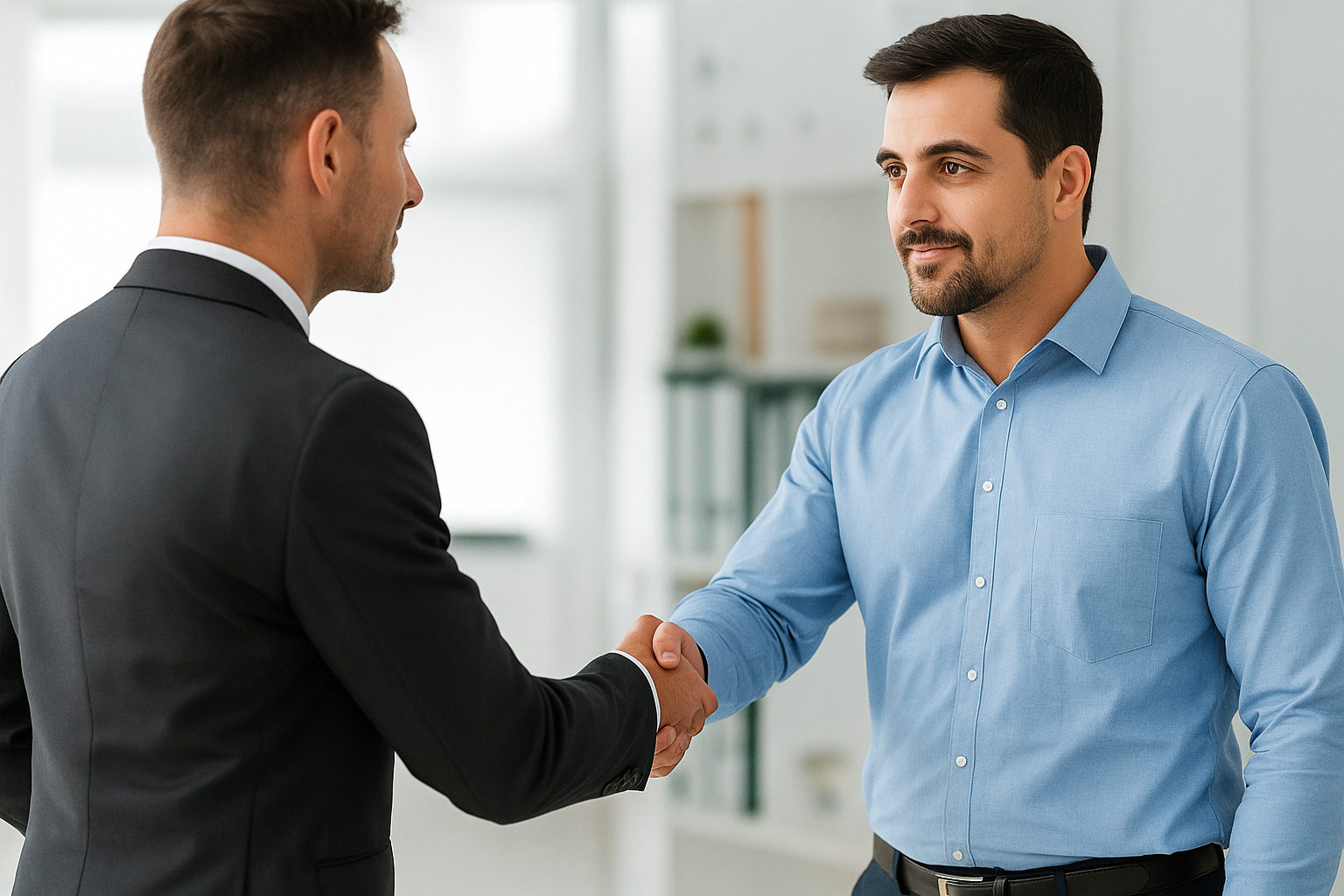 IT consultant and client shaking hands in a Dubai office after a successful consultation