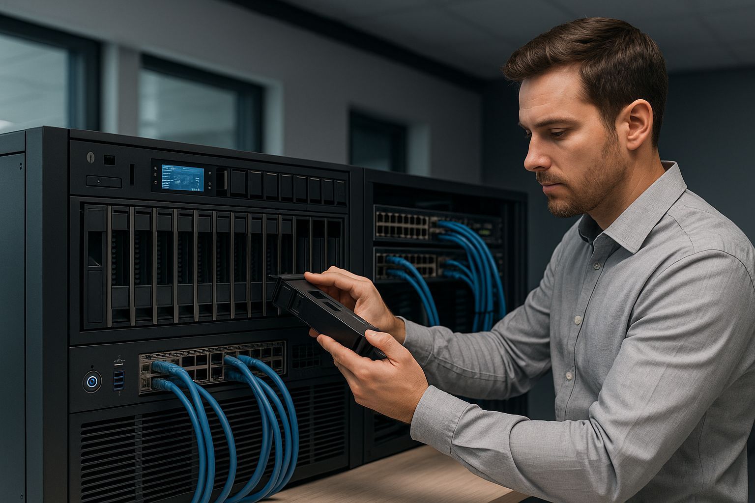Technician configuring a multi-drive digital archiving system with Thunderbolt and Ethernet support in a modern server environment, ideal for post-production and enterprise backup.