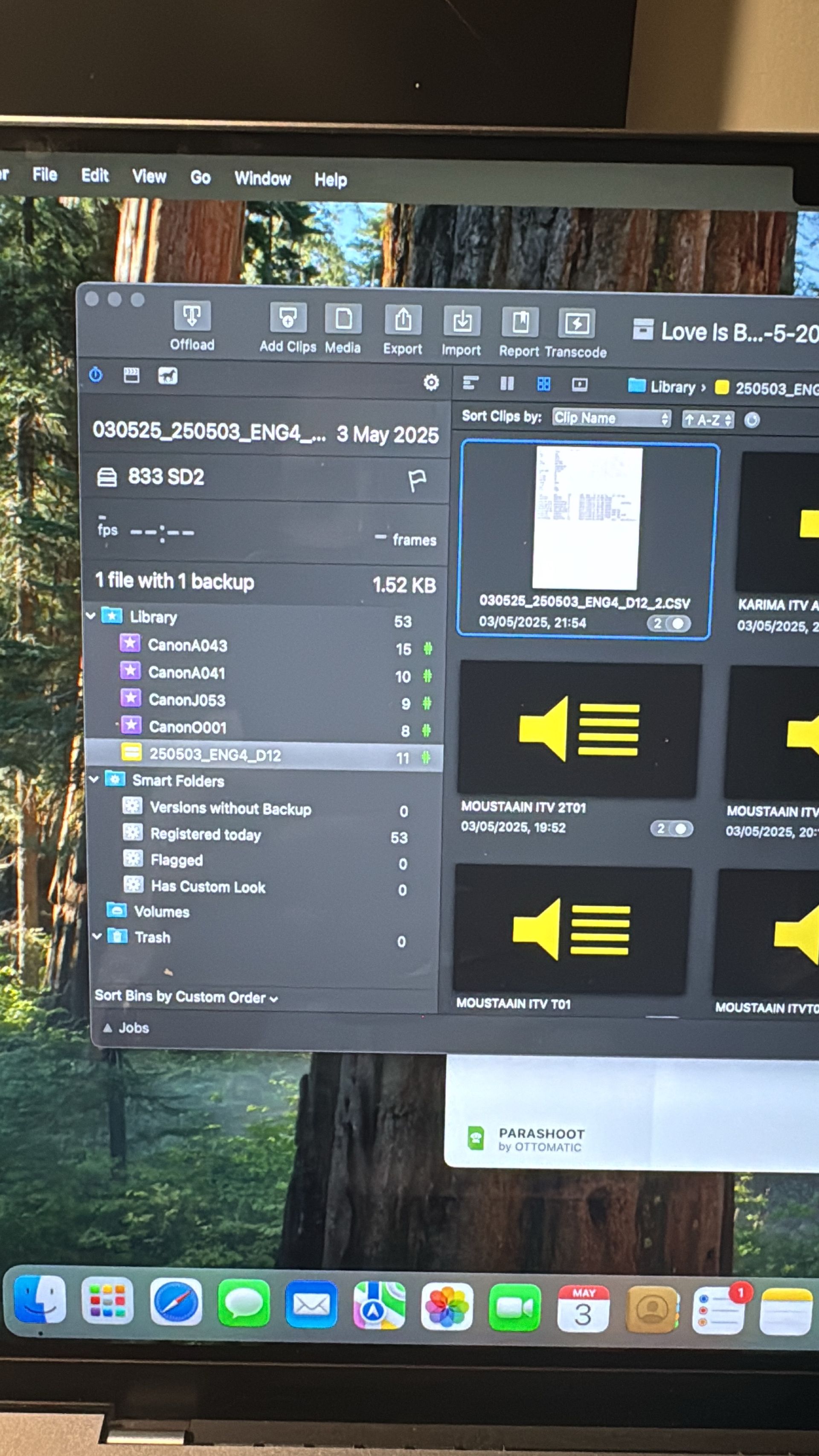 On-set DIT workstation showing Silverstack and Parashoot media backup software on MacBook Pro in Dubai