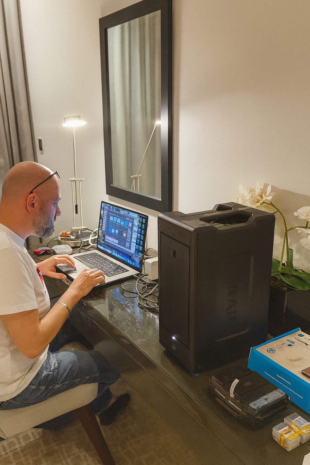 Professional DIT in Dubai and Abu Dhabi, UAE managing on-set data transfers and backups using a MacBook Pro with Thunderbolt 3 & 4 G-RAID storage system for film, TV, and commercial productions.