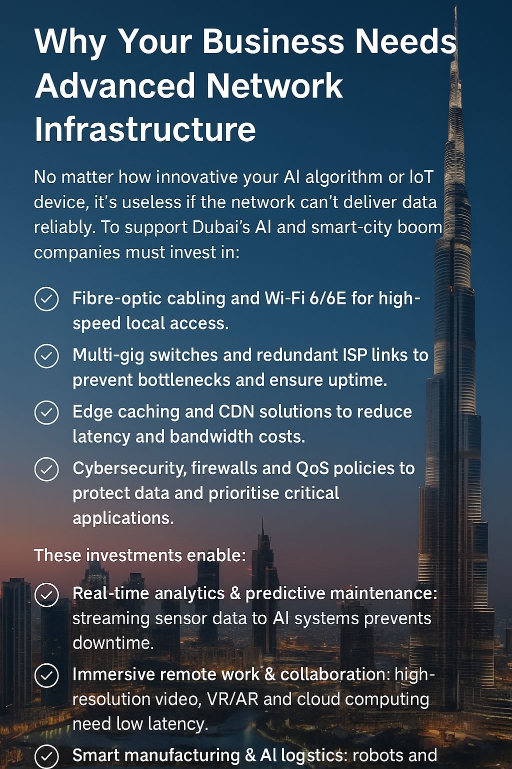 Dubai skyline with highlights of advanced network infrastructure for AI, IoT, and smart city growth