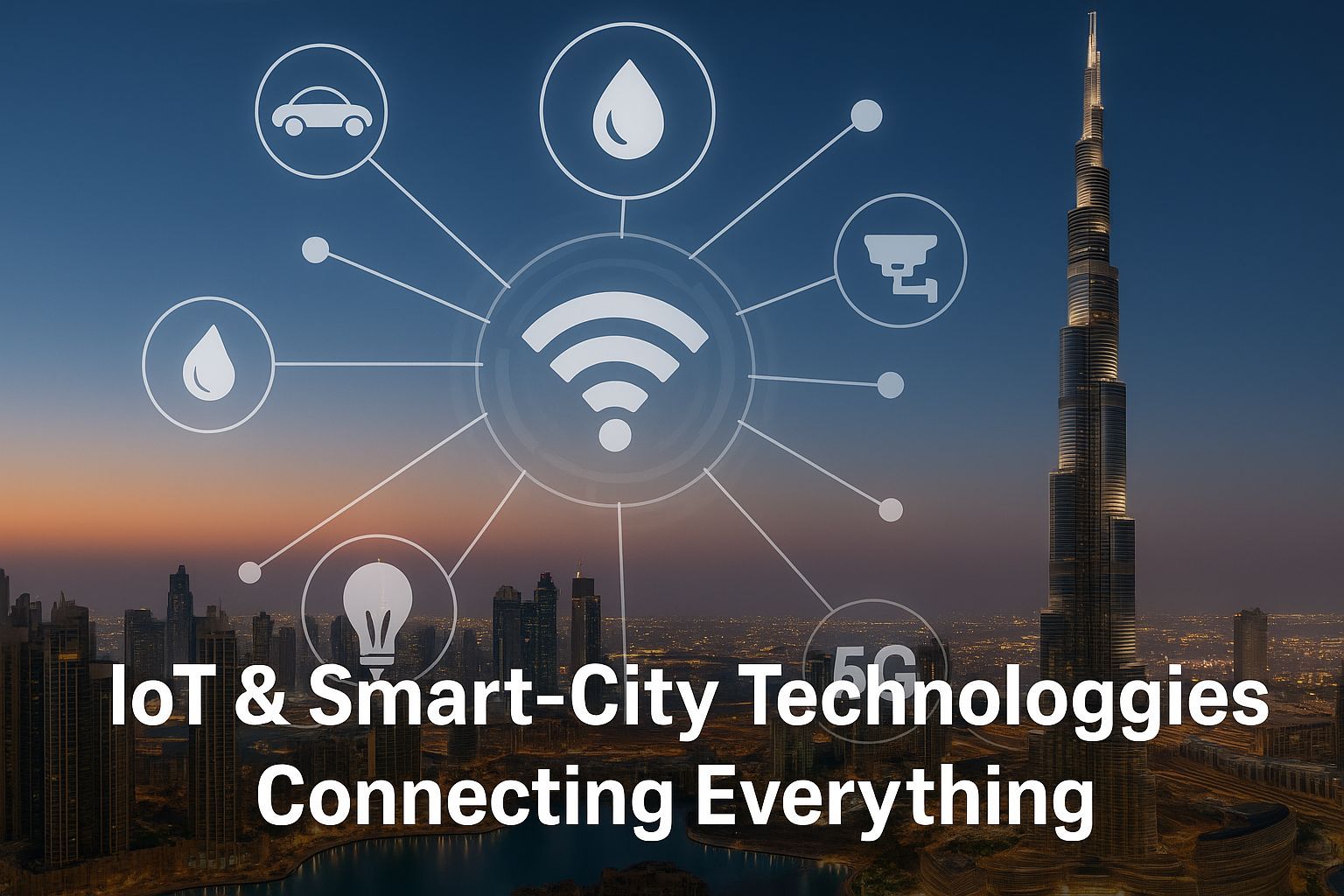 Dubai skyline at dusk with smart city IoT icons and 5G network connections
