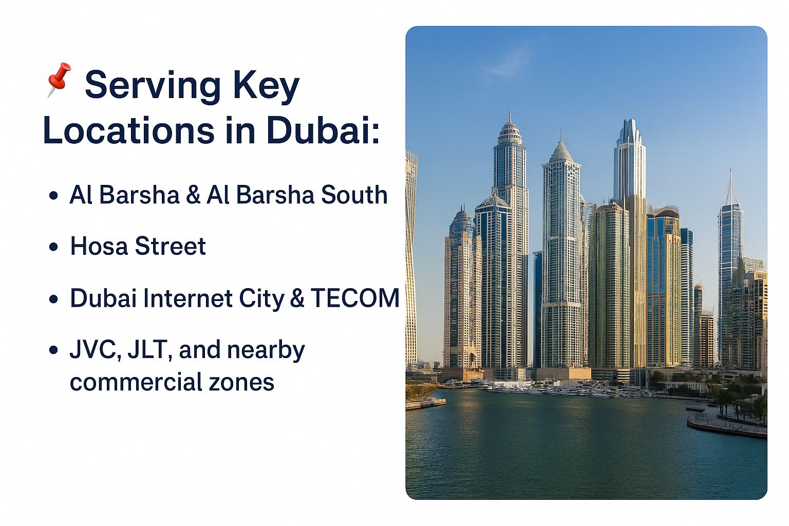 Alt Text: CALLIT IT INFRASTRUCTURE service coverage in Dubai including Al Barsha, Hosa Street, TECOM, JVC, and nearby business zones