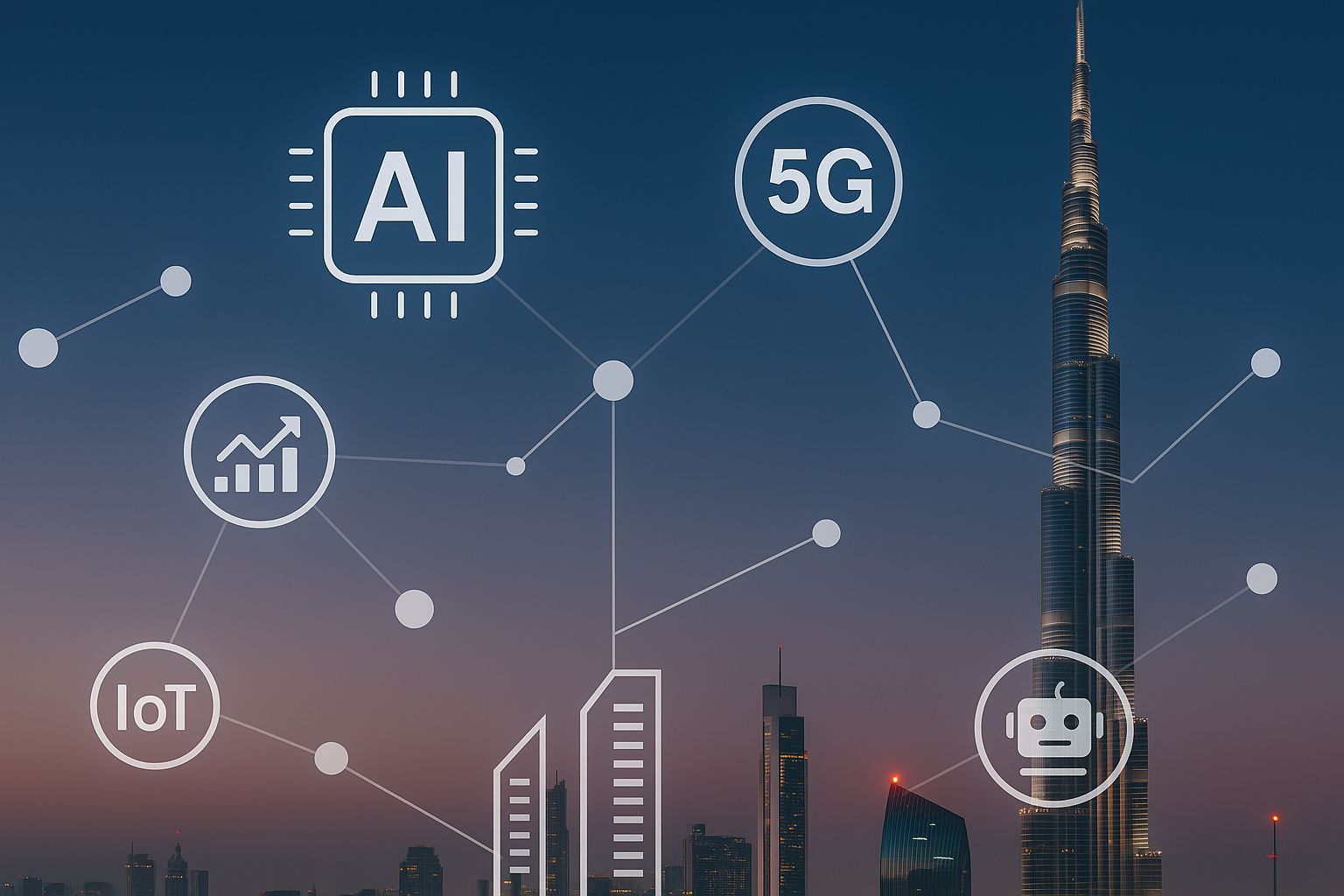 Dubai skyline with AI, IoT and 5G network overlay at twilight