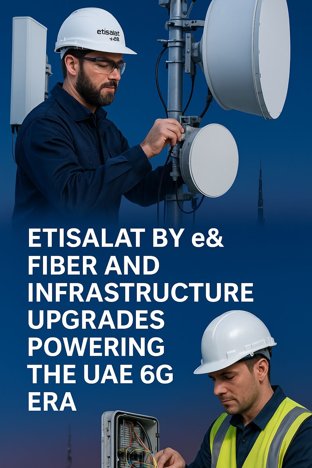 Vertical photo showing Etisalat by e& engineers upgrading UAE’s 6G fiber and antenna systems with terahertz-ready equipment, symbolizing ultra-fast 145 Gbps connectivity for Dubai and Abu Dhabi.