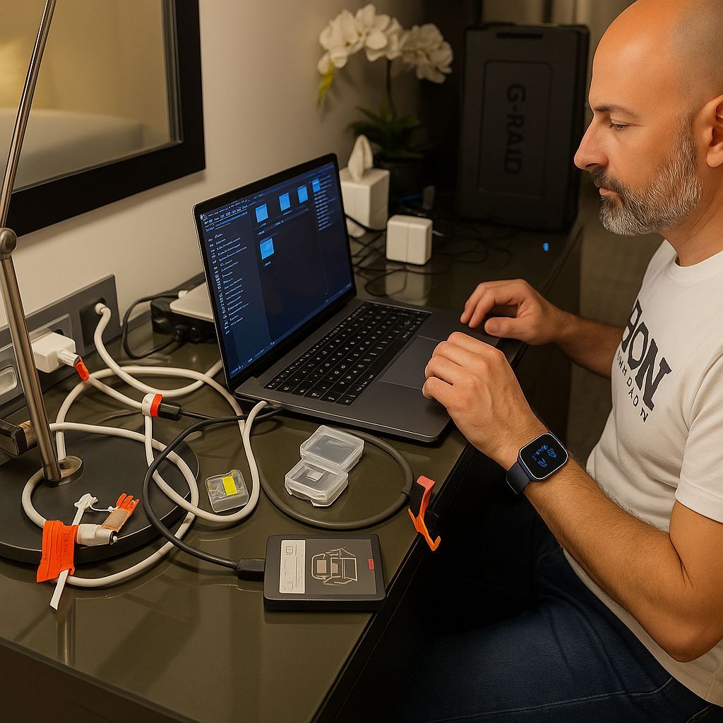 Fadi Helou – On-Set Digital Imaging Technician (DIT) in Dubai handling SSD offloads and media backup for high-end production workflows Fadi Helou performing on-site DIT media backup in Dubai using G-RAID and SSDs – Digital Imaging Technician and IT specialist at CALLIT IT INFRASTRUCTURE