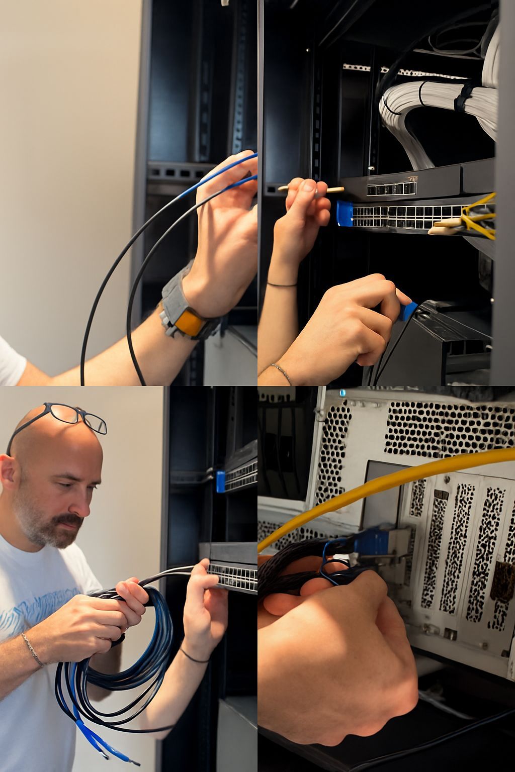 Network Infrastructure Specialist Fadi Helou performing fiber uplink installation and final network integration for CALLIT IT INFRASTRUCTURE Dubai UAE enterprise cabinet.