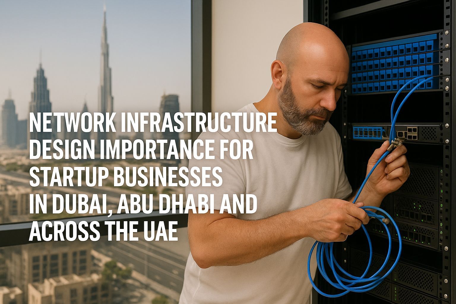 Fadi Helou, Network Infrastructure Designer at CALLIT IT INFRASTRUCTURE, preparing fiber cables with Dubai skyline and Burj Khalifa in the background — professional network design for startup businesses across Dubai and the UAE.