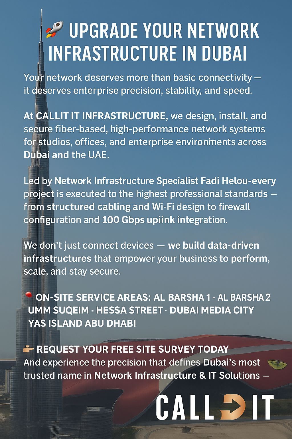 Fadi Helou – Network Infrastructure Specialist in Dubai and Abu Dhabi – CALLIT IT INFRASTRUCTURE connecting enterprises with fiber-optic networks, Burj Khalifa and Etihad Towers skyline background.