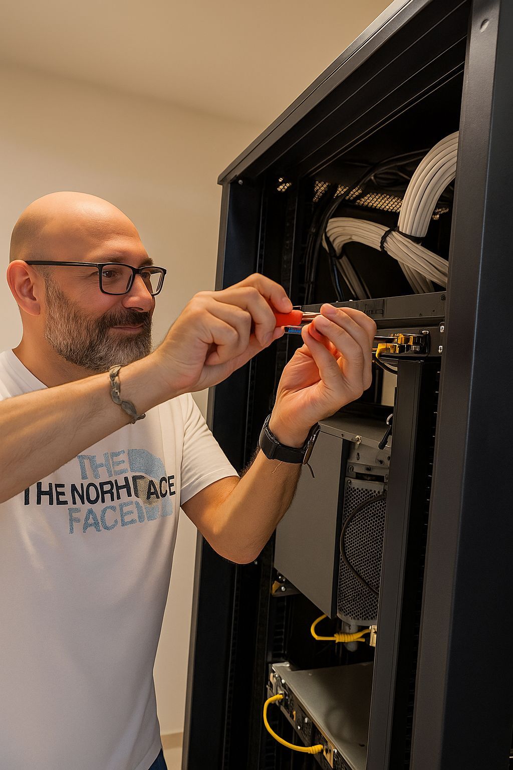 Fadi Helou – Expert Network Infrastructure Specialist in Dubai, Installing Enterprise Switch Cabinet for CALLIT IT INFRASTRUCTURE Fadi Helou installing network switch in Dubai server rack – CALLIT IT INFRASTRUCTURE founder and network infrastructure specialist