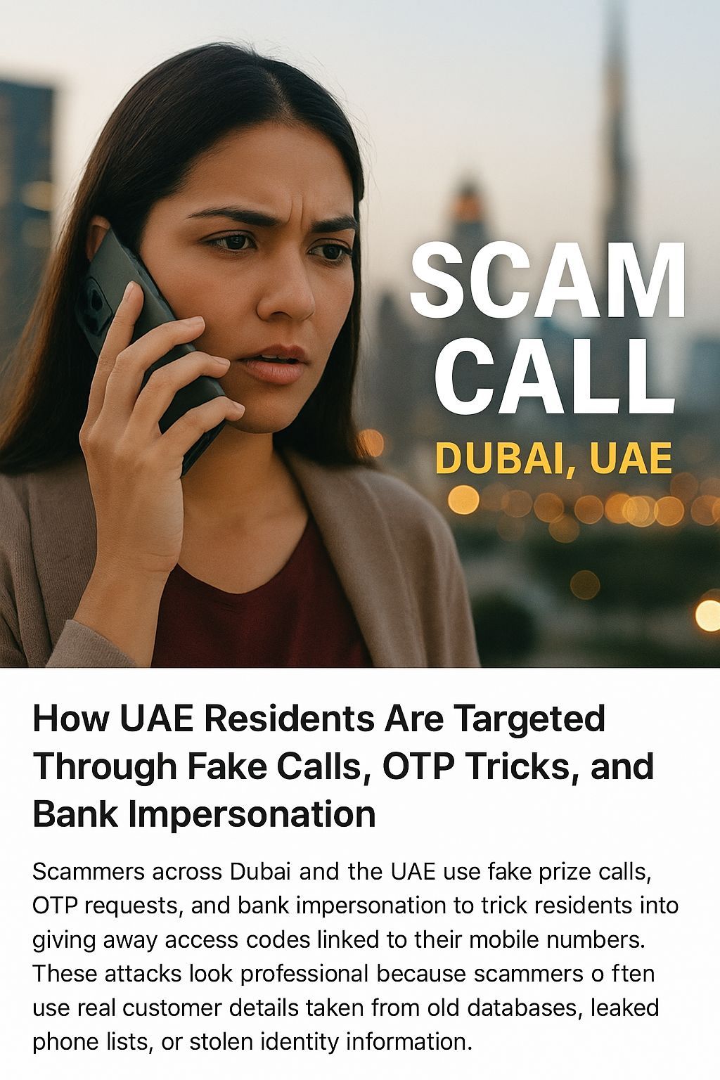 UAE resident receiving a fake scam call in Dubai with city skyline behind her, representing how scammers target victims using OTP fraud and impersonation — CALLIT IT INFRASTRUCTURE.
