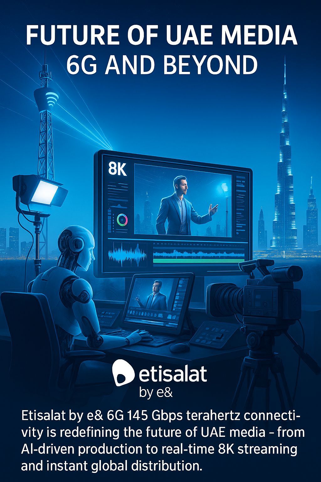 Vertical image of a futuristic UAE media studio powered by Etisalat by e& 6G 145 Gbps terahertz connectivity, showing AI-assisted post-production, 8K streaming, and Dubai skyline illuminated with digital innovation.