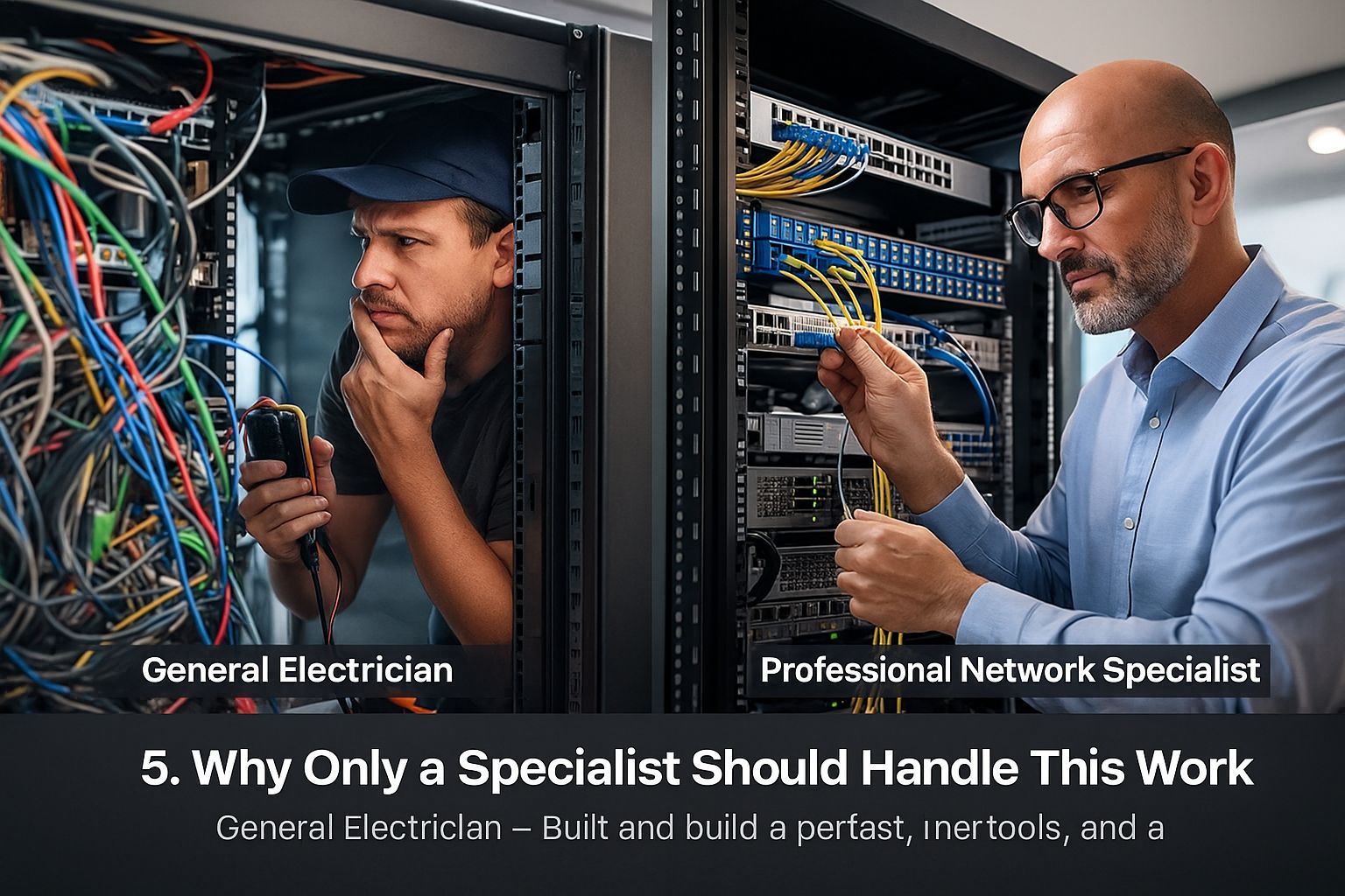 Side-by-side comparison of a general electrician and a professional network infrastructure specialist working on server racks, illustrating the importance of expert network design by CALLIT IT INFRASTRUCTURE in Dubai and the UAE.