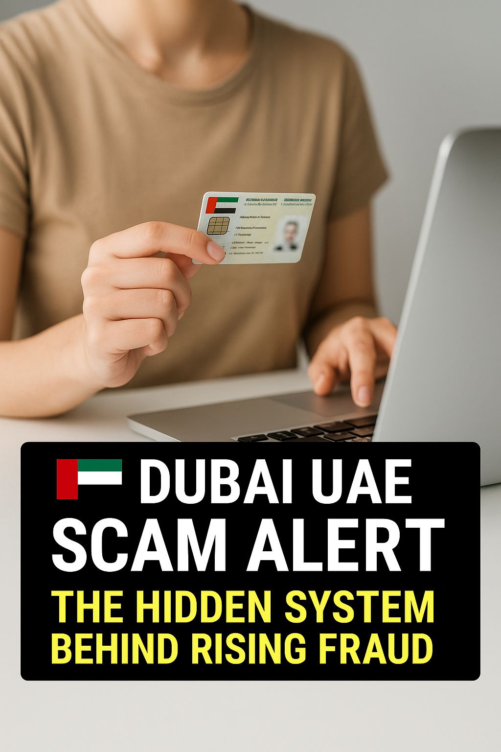 UAE resident holding Emirates ID while using a laptop, symbolizing rising scam risks and identity exposure in Dubai and the UAE — CALLIT IT INFRASTRUCTURE.