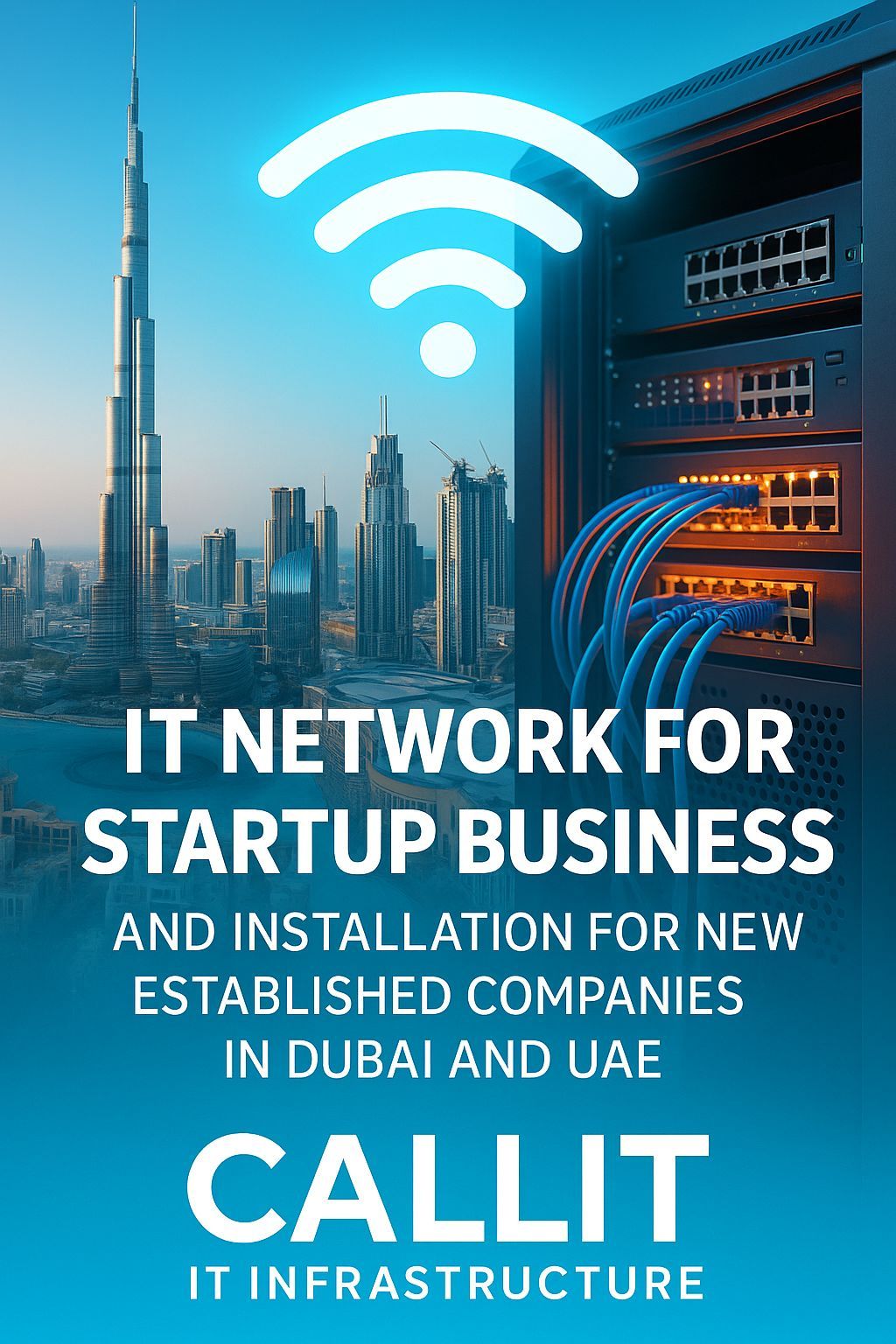 Realistic hero image showing Burj Khalifa and Dubai skyline with a glowing network cabinet, Wi-Fi signal, and connected LAN cables. CALLIT IT INFRASTRUCTURE provides IT network design, installation, server setup, and VPN SSTP security for startup businesses and new established companies in Dubai and UAE.