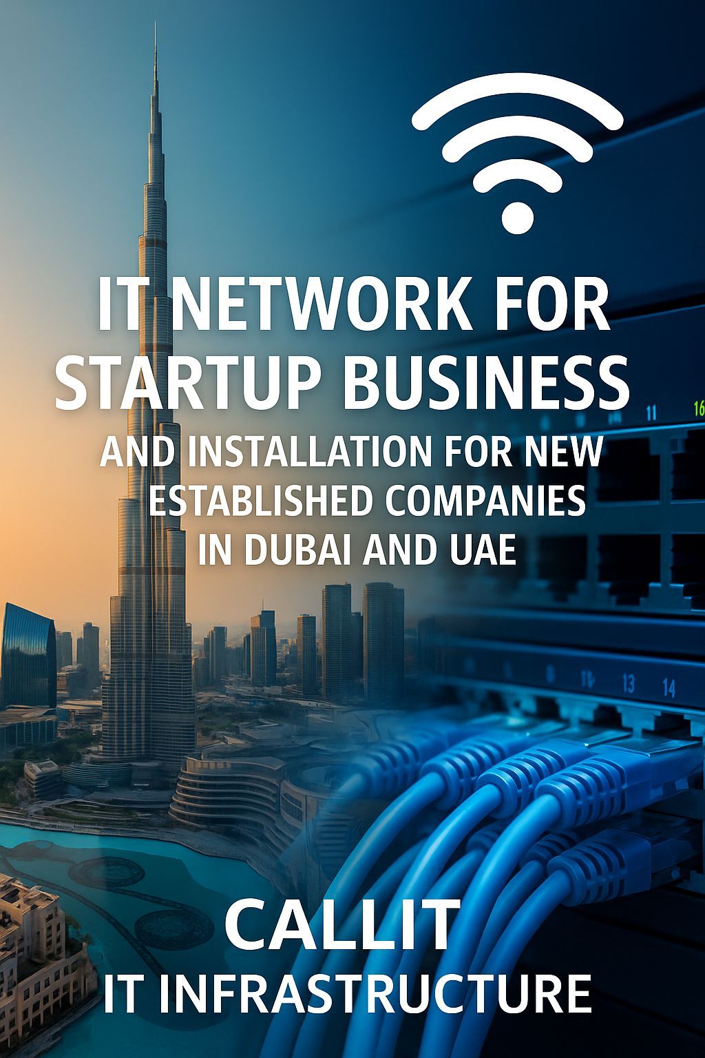 Realistic intro image showing the Dubai skyline with Burj Khalifa and a glowing network cabinet with connected Ethernet cables. CALLIT IT INFRASTRUCTURE designs and installs structured cabling, managed switches, servers, and Wi-Fi systems for startup businesses and new established companies in Dubai and UAE.