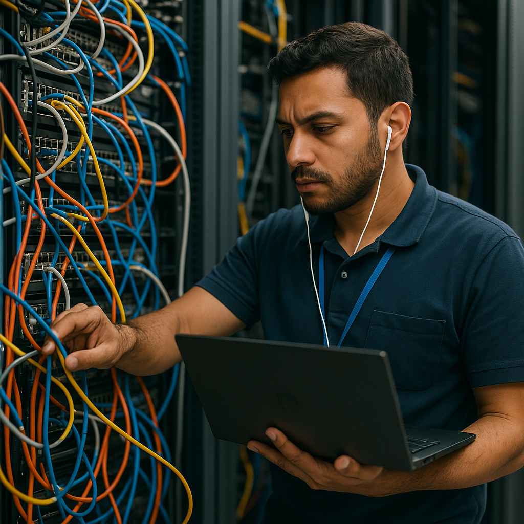 IT technician from CALLIT IT INFRASTRUCTURE inspecting a network rack during on-site support service in Dubai