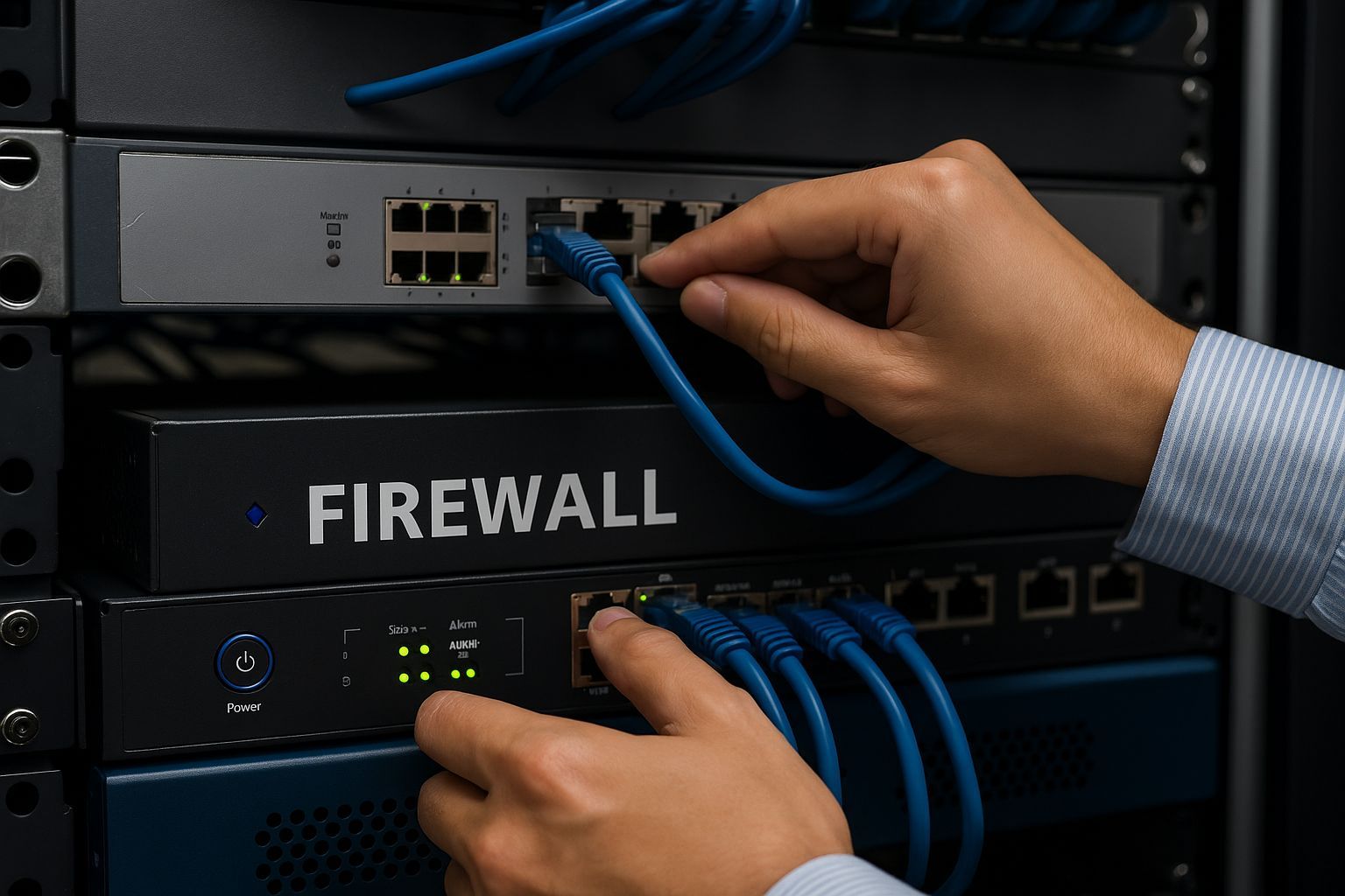Network engineer configuring a managed switch and firewall in a secure server room in Dubai.