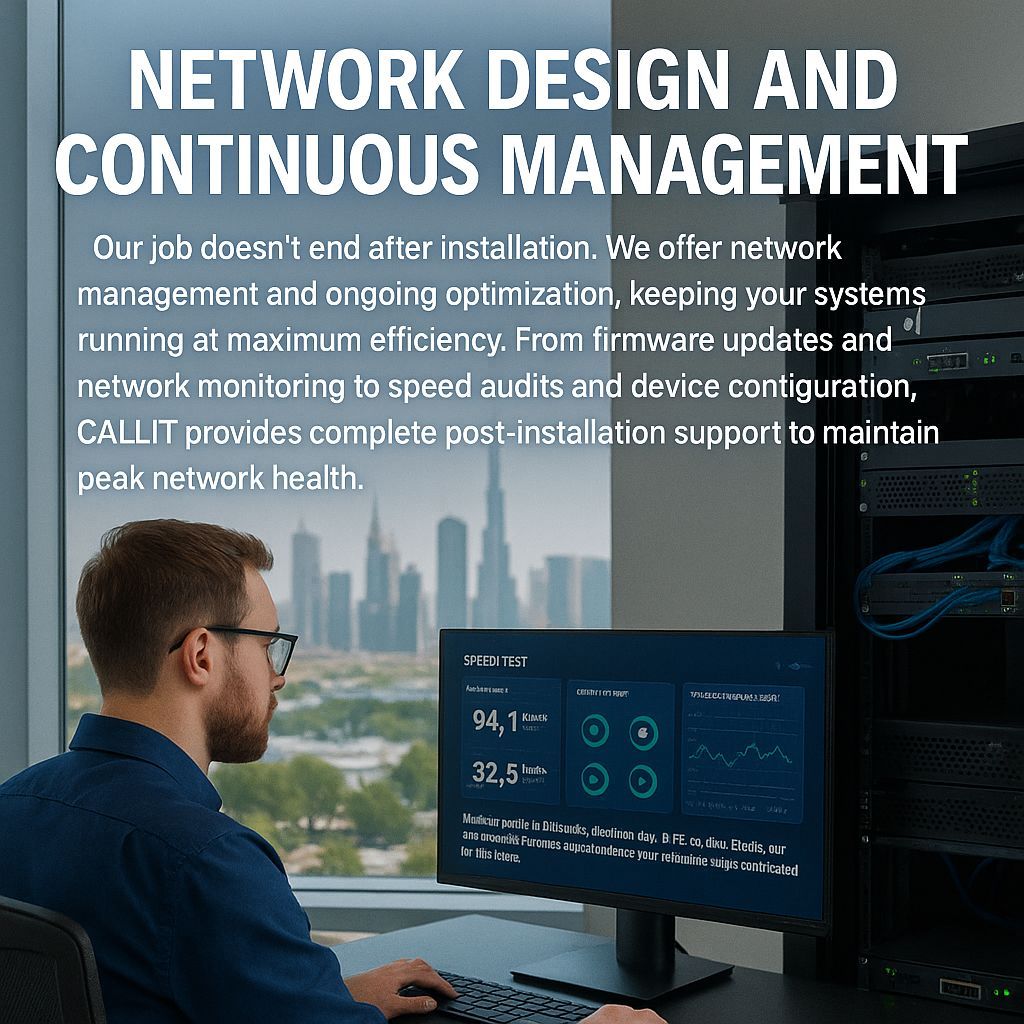 IT specialist monitoring network performance and firmware updates in a modern Dubai office with server racks, managed switches, and Burj Khalifa skyline — CALLIT IT INFRASTRUCTURE Dubai.