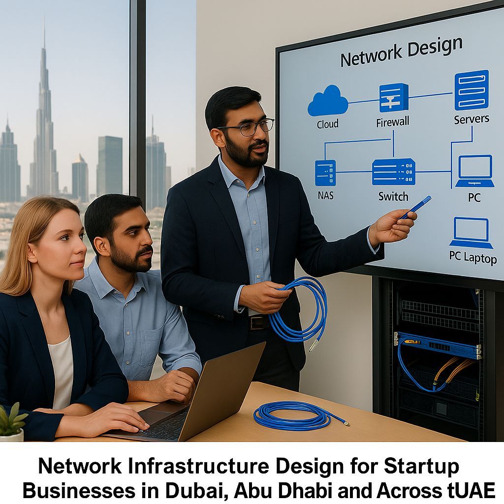 Professional startup team reviewing a network infrastructure design diagram in a Dubai office with Burj Khalifa in the background, created for CALLIT IT INFRASTRUCTURE to illustrate the importance of proper network planning for businesses in the UAE.