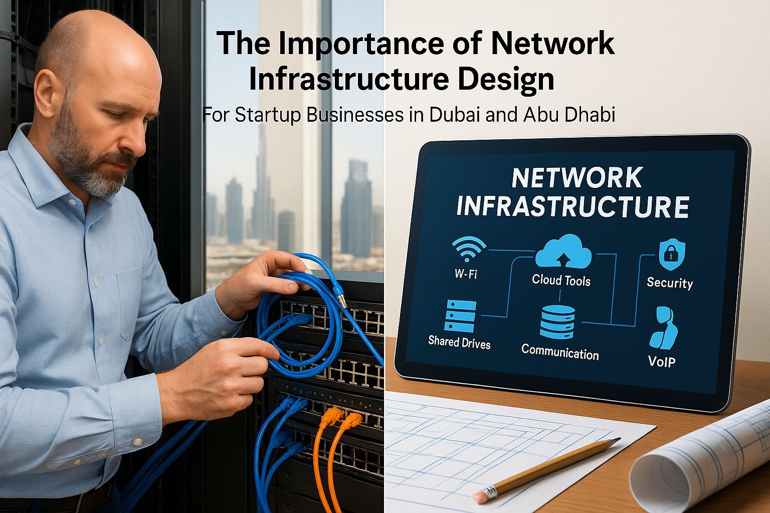 Double image showing professional network infrastructure design work in Dubai, including cabling installation with the Burj Khalifa skyline and a digital network architecture diagram for startups, created by CALLIT IT INFRASTRUCTURE.