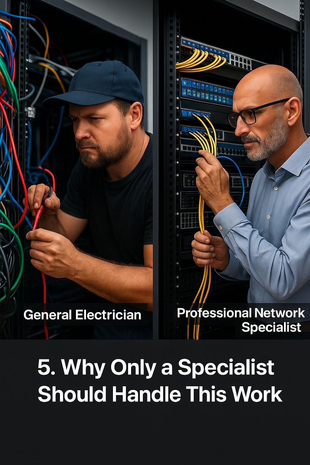Comparison between a general electrician and a professional network infrastructure specialist working on server cabinets, highlighting proper structured cabling and switch configuration by CALLIT IT INFRASTRUCTURE in Dubai, UAE.