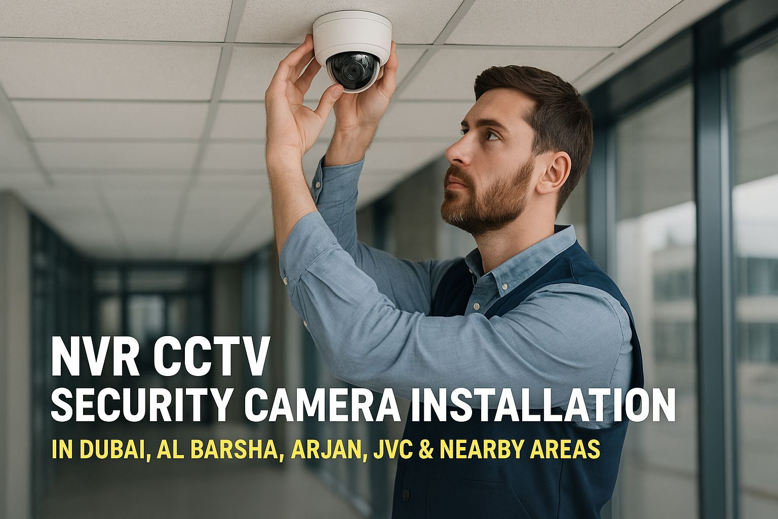 Technician installing NVR CCTV security camera on ceiling in a modern Dubai office — professional surveillance system setup in Al Barsha, JVC, Arjan.
