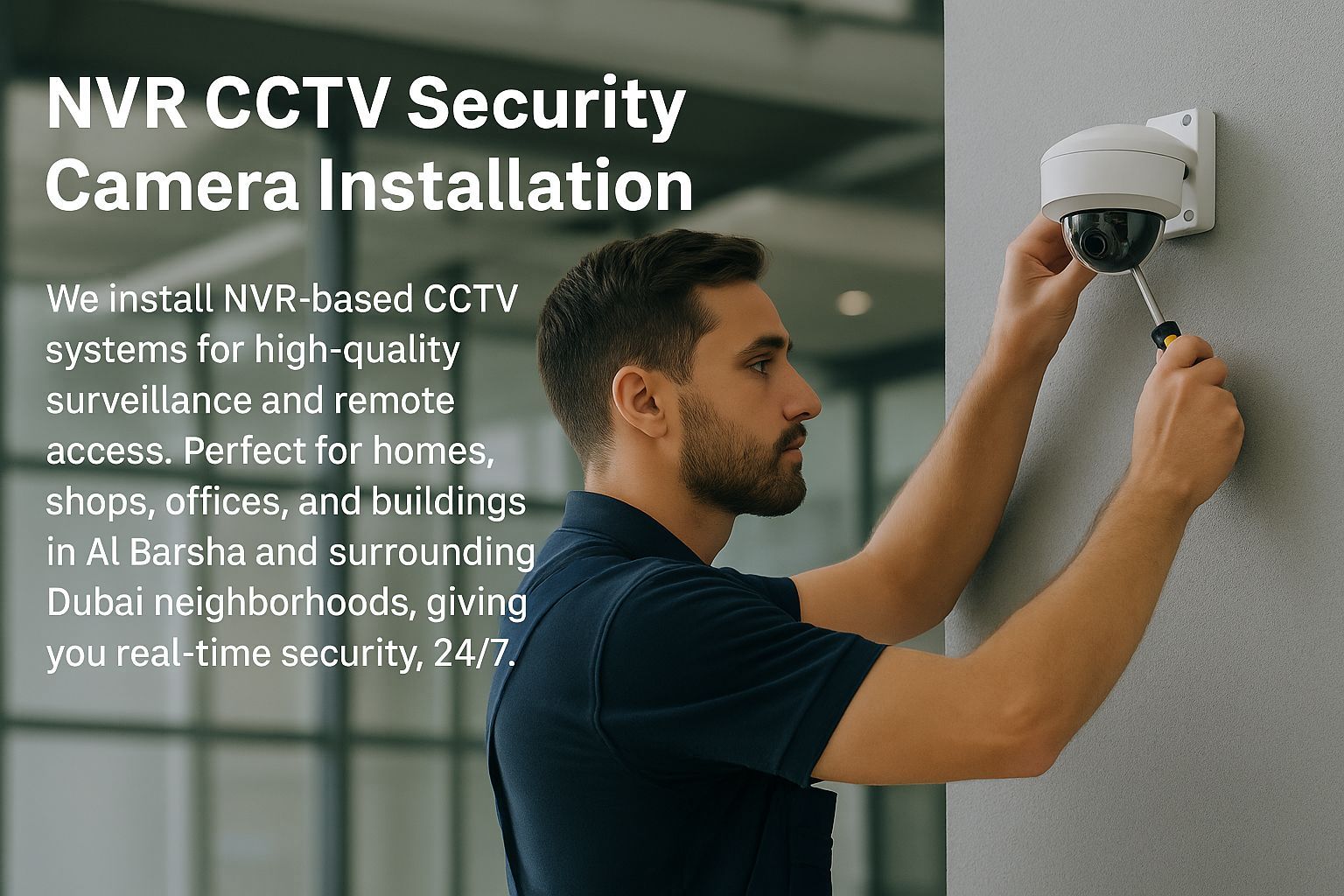 High-resolution photo of a technician installing a CCTV camera with NVR system in a commercial building in Dubai
