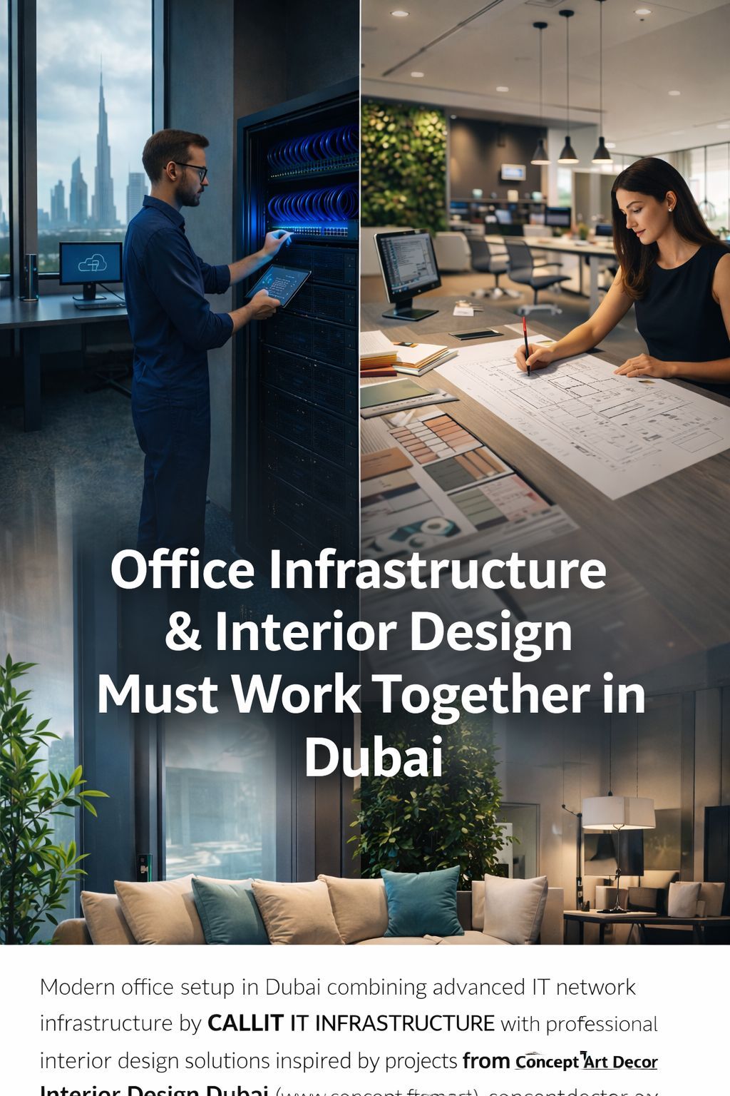 Modern Dubai office workspace combining IT network infrastructure by CALLIT IT INFRASTRUCTURE with interior design expertise from Concept Art Decor Interior Design Dubai
