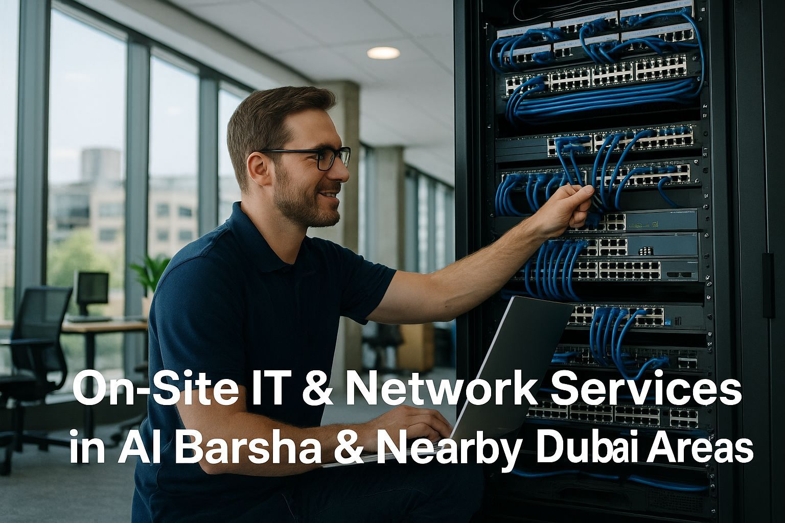 Professional IT technician installing structured network cables in a modern Dubai office — delivering on-site IT and network services in Al Barsha.