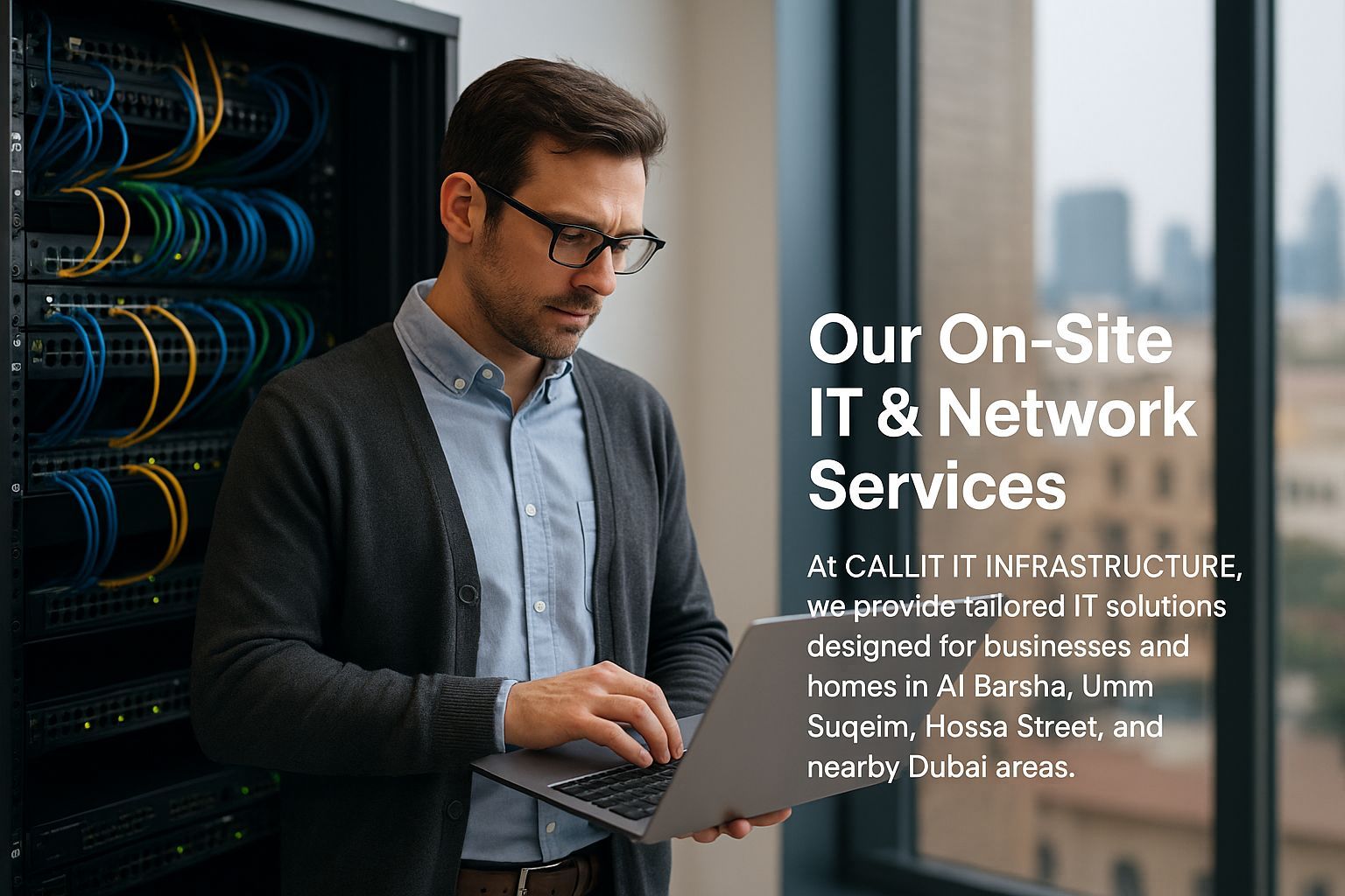 A professional IT technician installing network hardware on-site in a modern Dubai office