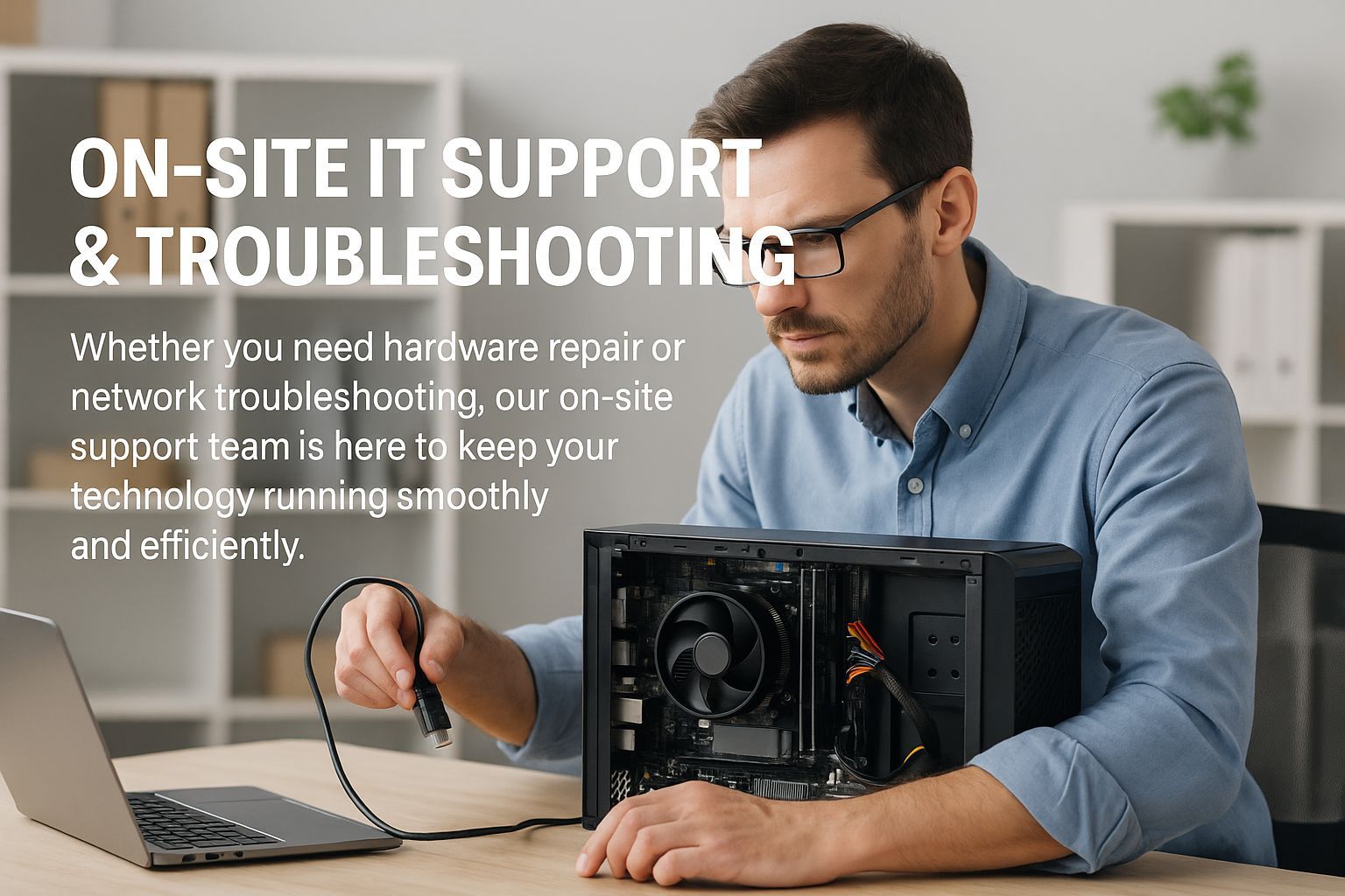 On-site IT technician repairing computer hardware and troubleshooting network cables inside a Dubai office environment.