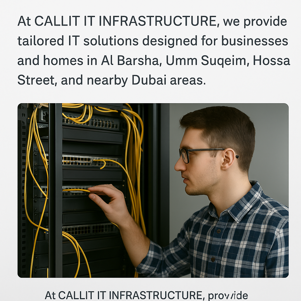 CALLIT IT INFRASTRUCTURE technician managing a network rack in a Dubai office for on-site IT service