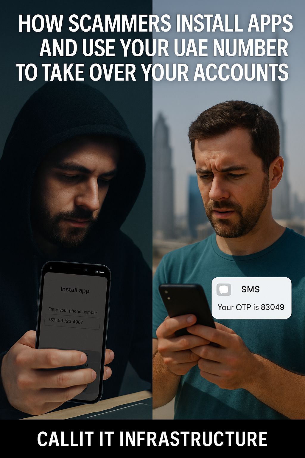 awareness image showing a scammer installing an app using a victim’s UAE phone number while the victim receives an OTP, created by CALLIT IT INFRASTRUCTURE to warn Dubai residents about mobile-number hijacking and fraud.