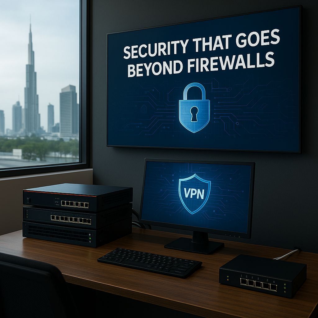 Professional Dubai office showing secure IT infrastructure with firewall, managed switch, and VPN interface — Burj Khalifa skyline in the background, CALLIT IT INFRASTRUCTURE Dubai.