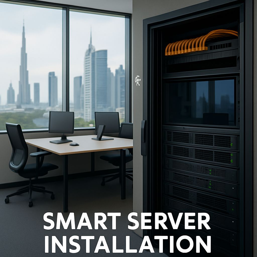 Realistic high-resolution image showing a modern Dubai office with Burj Khalifa view, network cabinet, and servers. CALLIT IT INFRASTRUCTURE provides smart server installation and network setup for startup businesses and new established companies in Dubai and UAE.