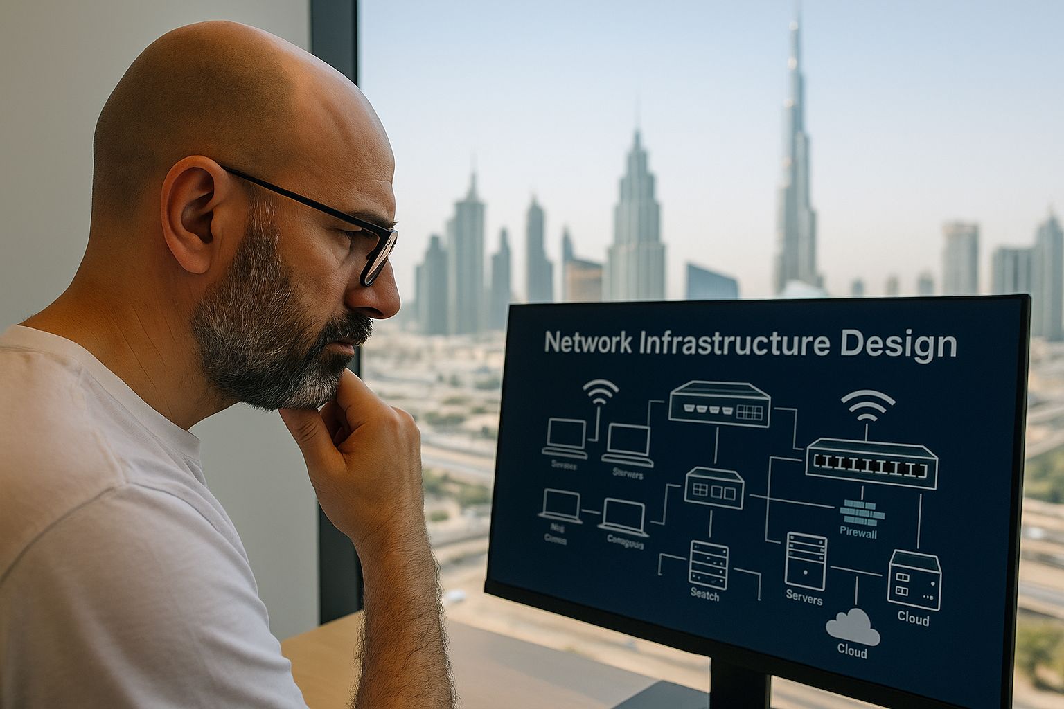 Professional network infrastructure designer Fadi Helou reviewing startup network architecture with Dubai skyline in background — CALLIT IT INFRASTRUCTURE, Dubai UAE.