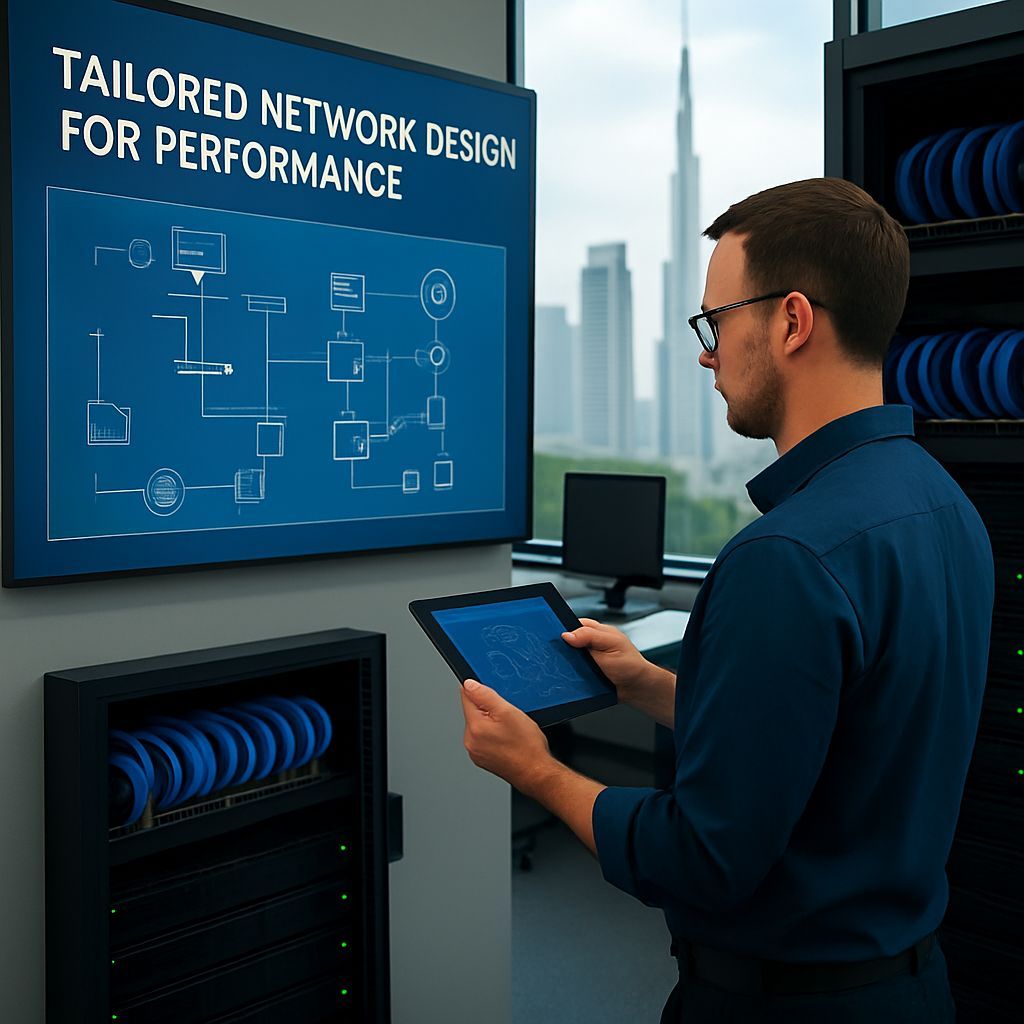 Network engineer in a modern Dubai office designing IT network infrastructure with digital topology screens, server racks, and Burj Khalifa skyline — CALLIT IT INFRASTRUCTURE Dubai.