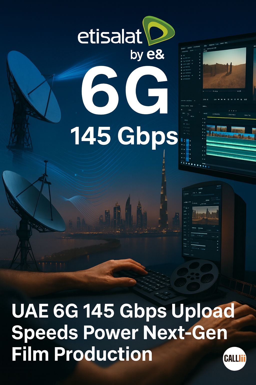 Futuristic UAE 6G film studio setup in Dubai with Etisalat by e& antennas, glowing data streams, and UAE skyline — showcasing ultra-fast 145 Gbps connectivity for 4K, 6K, and 8K uploads.