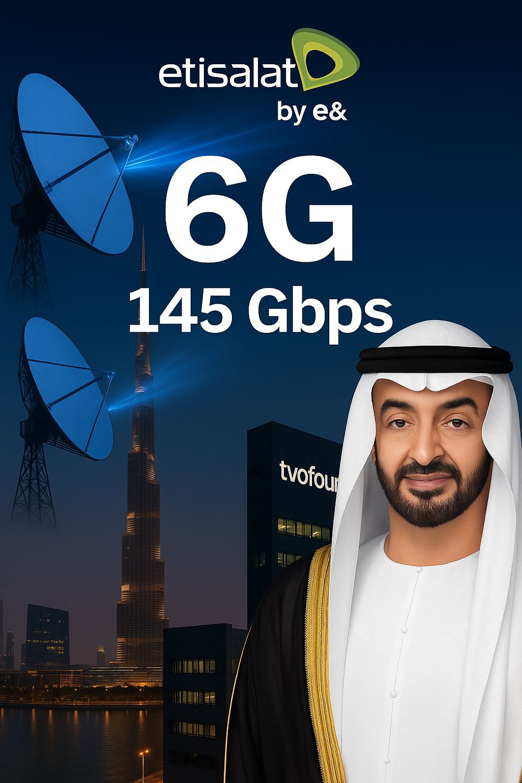 UAE 6G 145 Gbps hero image featuring Sheikh Mohamed bin Zayed, Burj Khalifa, Yas Island’s twofour54 building, Etisalat by e& logo, and futuristic 6G antennas linking Dubai and Abu Dhabi with terahertz beams — official CALLIT IT INFRASTRUCTURE hero image for 6G media upload page.