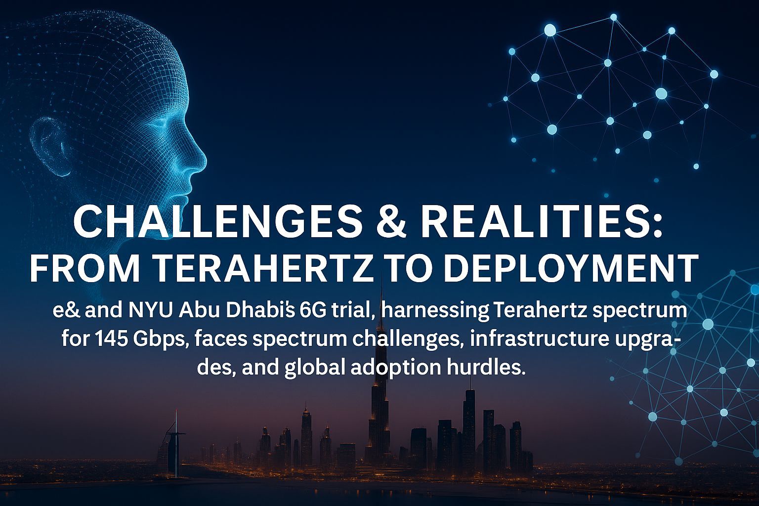 Visualization of 6G rollout challenges in the UAE, featuring terahertz spectrum limitations, infrastructure upgrades, and adoption hurdles across Dubai’s skyline.