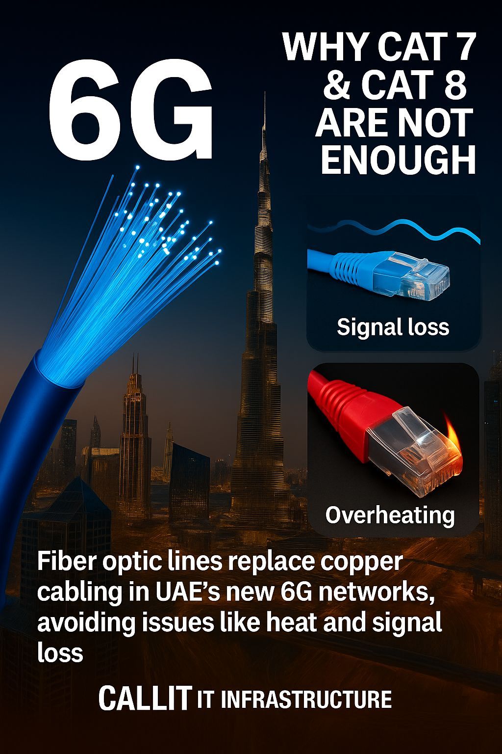 Visual comparison of copper Cat 7 and Cat 8 network cables overheating versus modern fiber optic cables running cool with blue terahertz glow, showing heat buildup in SFP to RJ45 adapters over 20 meters — CALLIT IT INFRASTRUCTURE Dubai.
