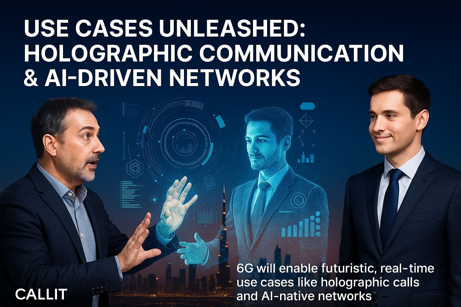 Holographic communication and AI-driven 6G network use cases showcased in the UAE’s 145 Gbps Terahertz pilot by e& and NYU Abu Dhabi, with Dubai skyline in background.