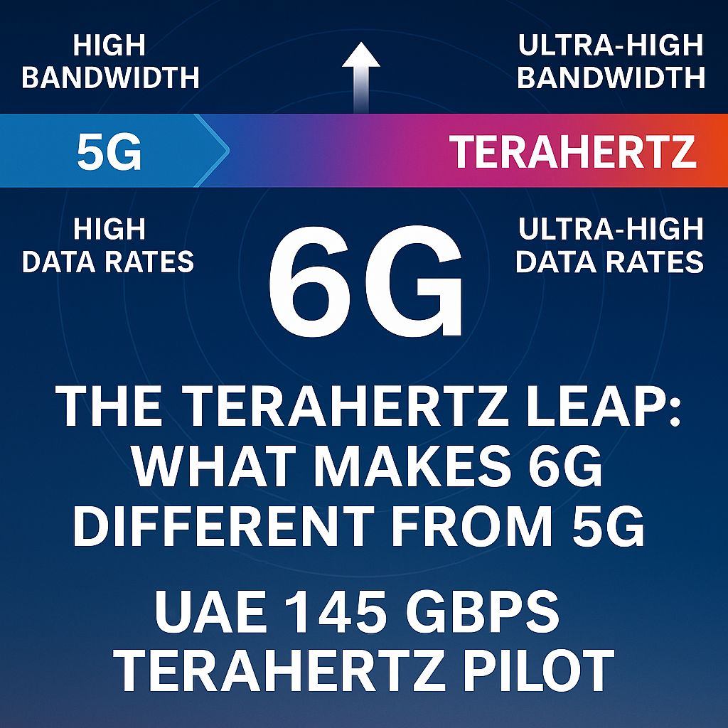 Visualization of terahertz spectrum powering the UAE 6G trial by e& and NYU Abu Dhabi, achieving 145 Gbps ultra-fast connectivity across Dubai skyline.